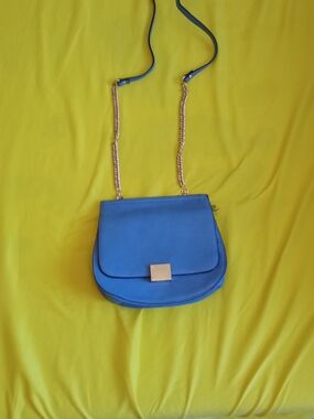 Neiman Marcus Blue Crossbody Shoulder Bag with Gold Chain